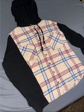 Tan & Black Plaid Colorblock Long Sleeve Hooded / Hoodie Size Small
